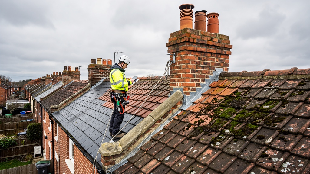 Surveyor inspecting a roof on a Victorian terraced house in Wolverhampton