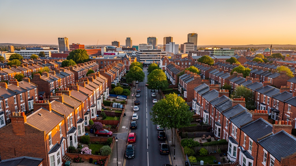 Aerial view of Wolverhampton residential streets showing Victorian and Edwardian terraced houses in the West Midlands